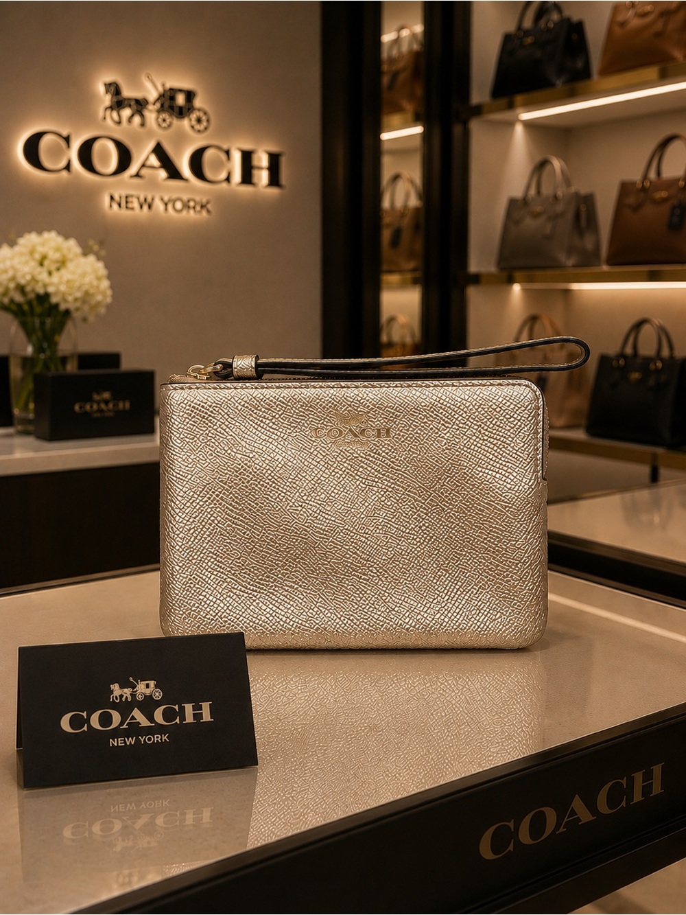 Coach Metallic Champagne Gold Leather Wristlet EUC